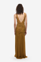 Mustard gold backless jersey maxi dress with V-back and ruched center