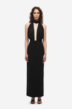 Black halter silk dress with draped neckline and center cutout panel