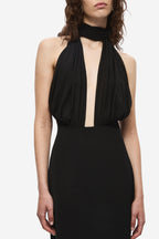Black halter silk dress with draped cowl neckline and vertical cream insert