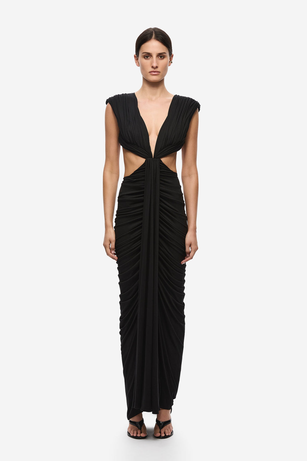 Black V-neck draped ruched dress with cap sleeves and center waist tie