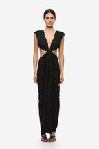 Black V-neck draped ruched dress with cap sleeves and center waist tie