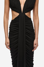 Black ruched bodice and skirt with V-neck and central knot detail