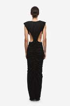 Black backless ruched gown with cap sleeves and center waist drawstring