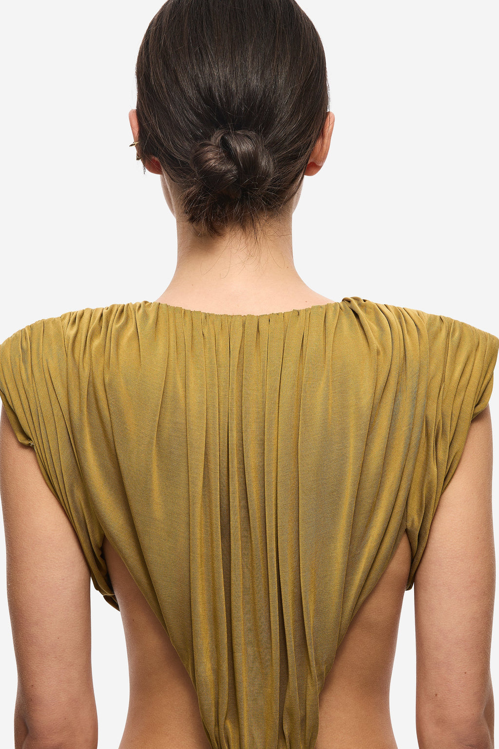 THE SOLACIA cupro dress back closeup, olive green ruched pleats and gathered yoke