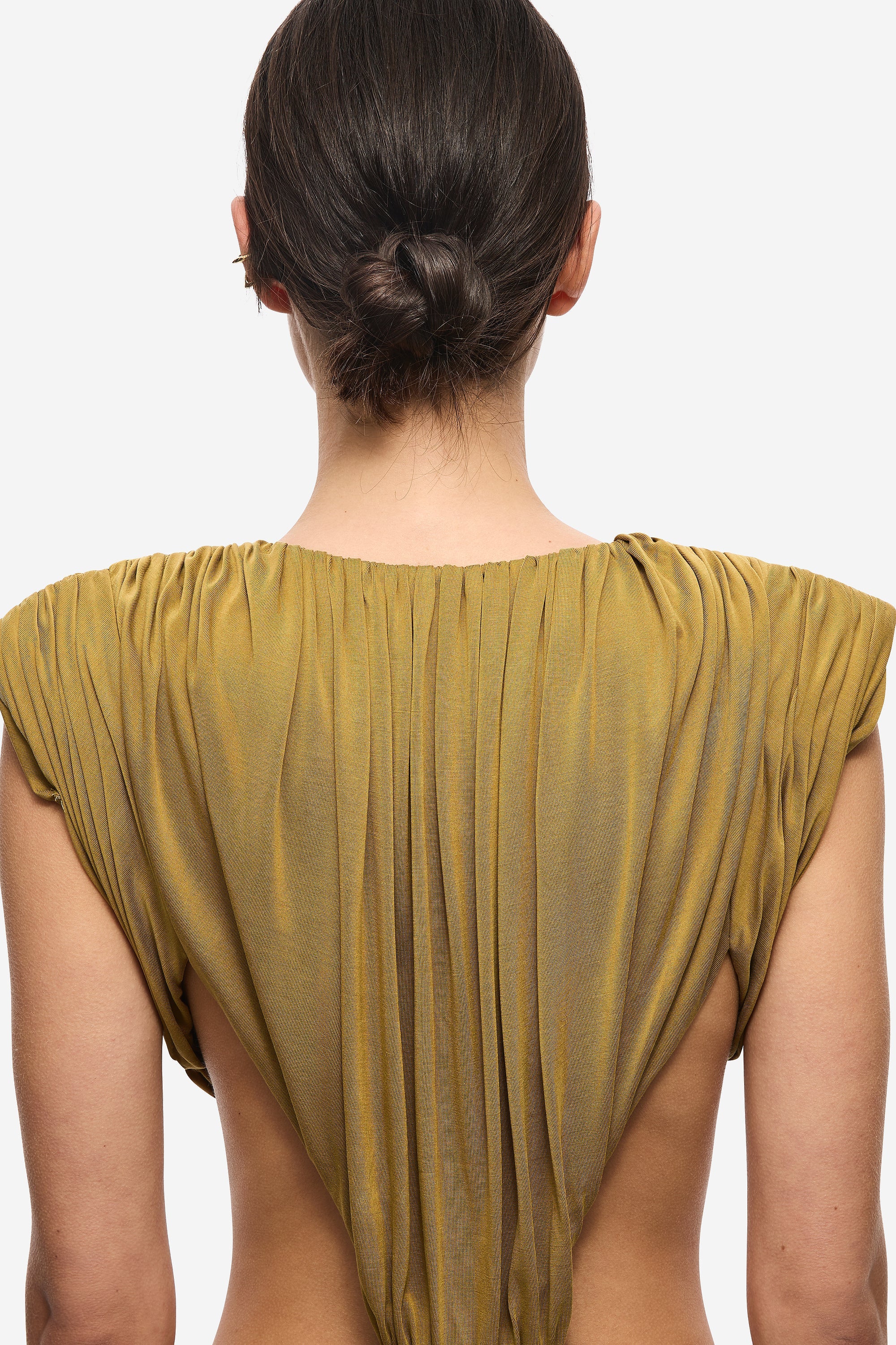 THE SOLACIA cupro dress back closeup, olive green ruched pleats and gathered yoke