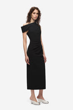 Black crepe midi dress, fitted silhouette with cap sleeves and draped waist