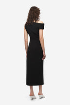 Black crepe midi dress, back view with off-shoulder neckline and fitted drape