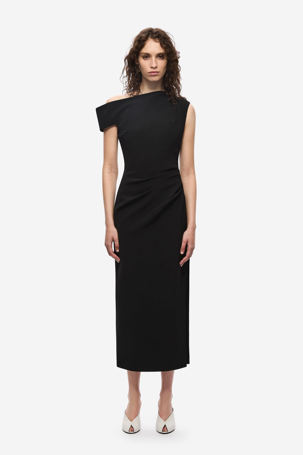 Black crepe midi dress with off-shoulder neckline and sleeveless-like cap sleeves