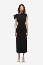 Black crepe midi dress with off-shoulder neckline and sleeveless-like cap sleeves