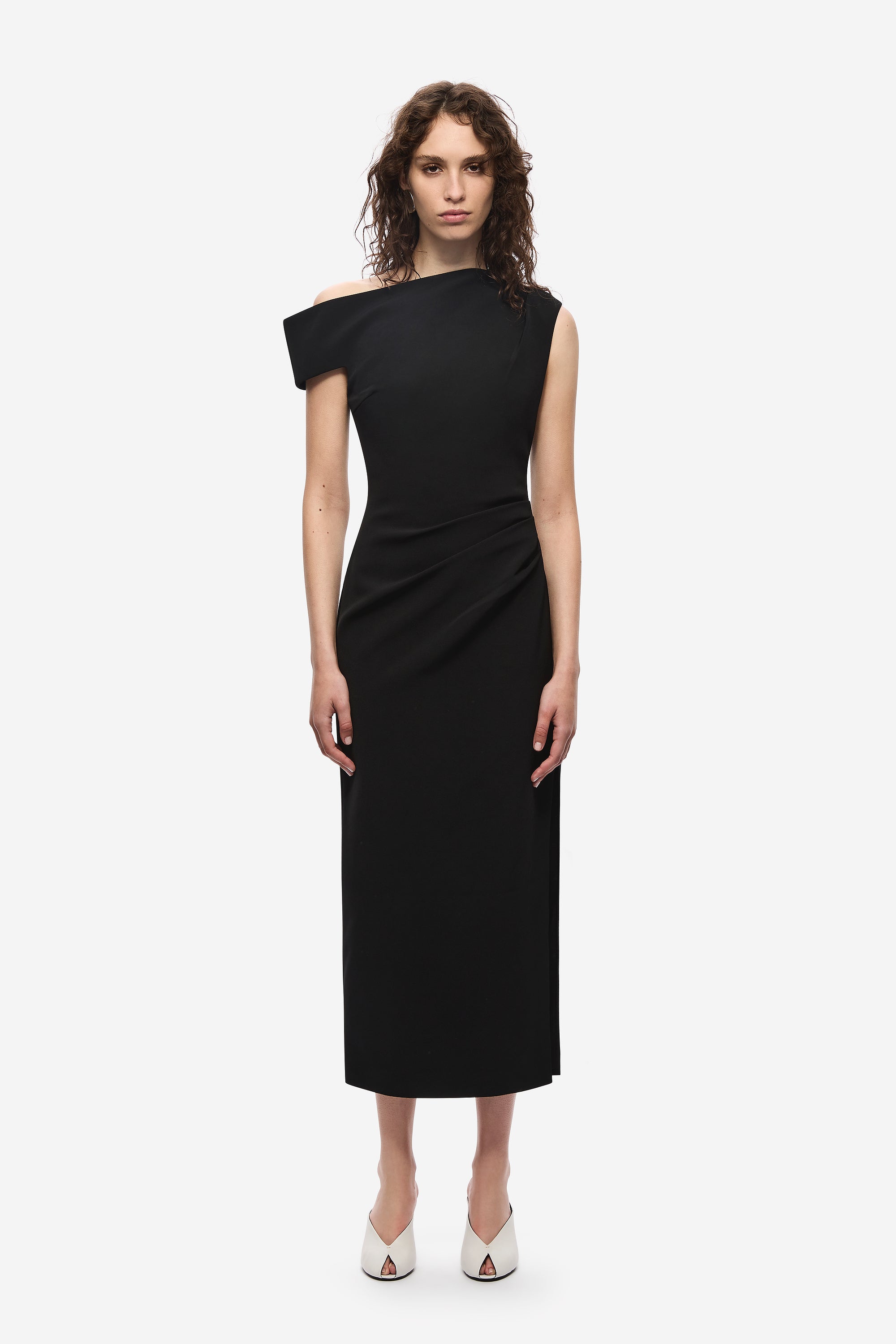 Black crepe midi dress with off-shoulder neckline and sleeveless-like cap sleeves
