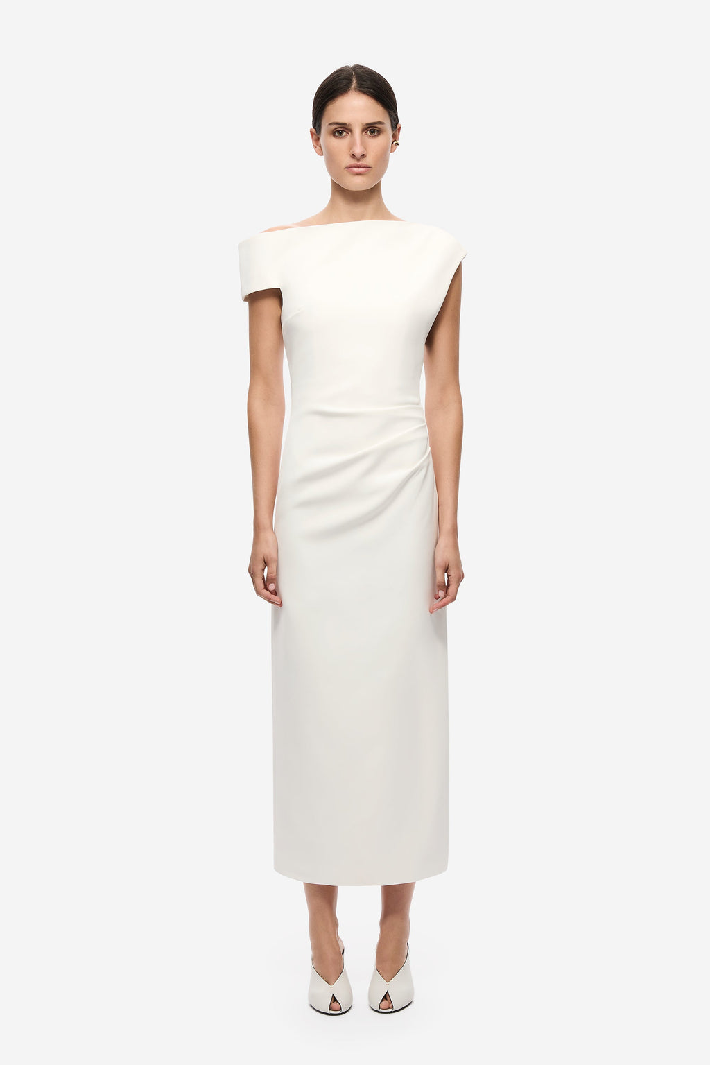 Ivory crepe midi dress with short sleeves, draped waist and straight skirt