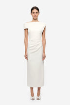 Ivory crepe midi dress with short sleeves, draped waist and straight skirt
