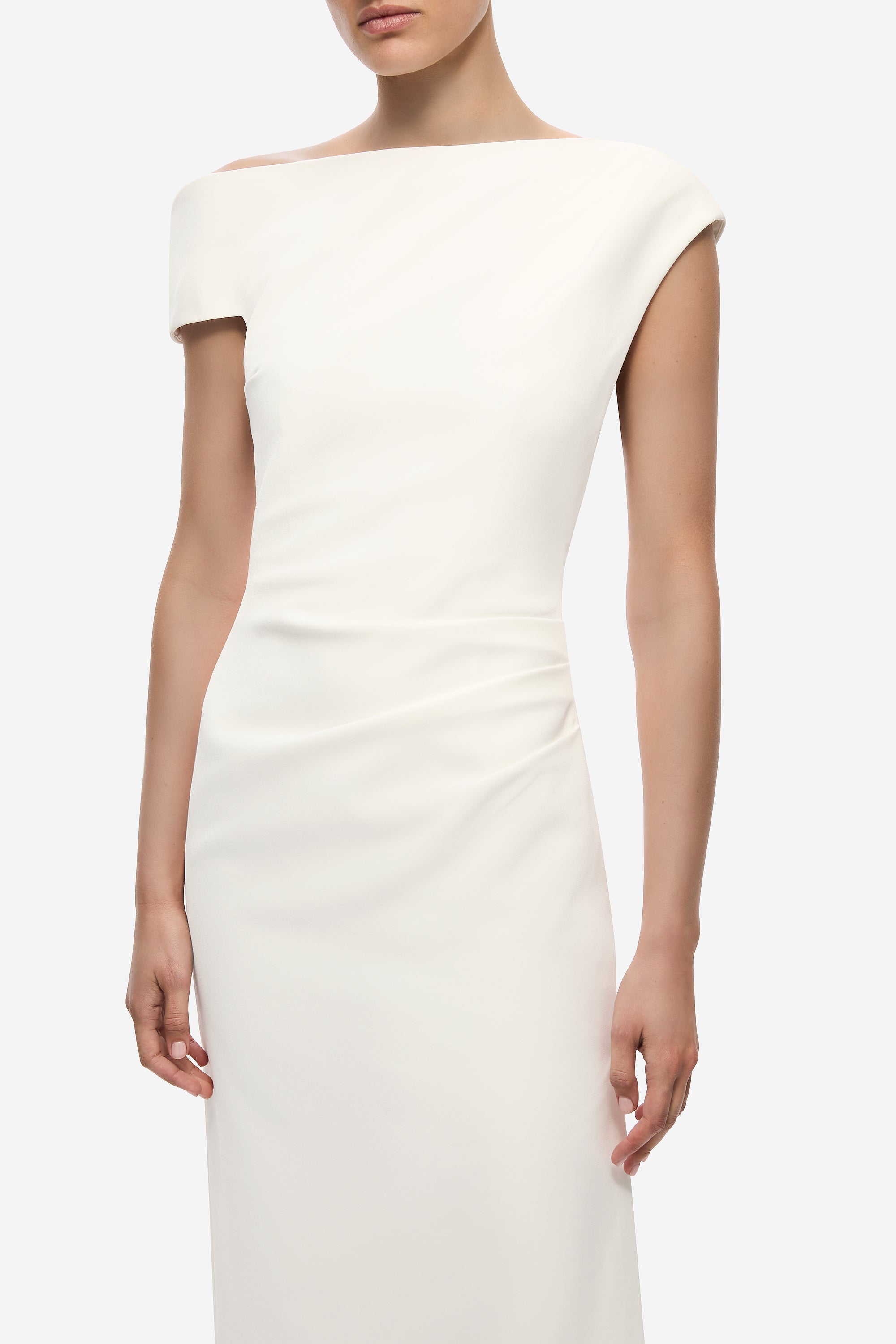 Ivory crepe midi dress with fitted bodice and draped waist seam