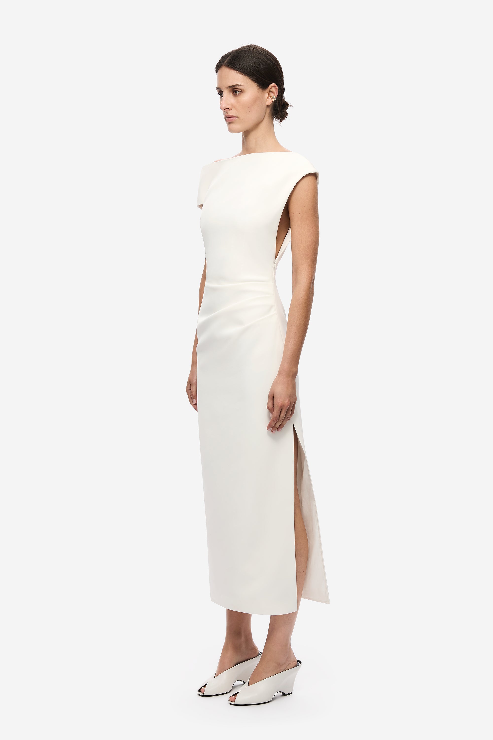 Ivory crepe midi dress with back slit and cap sleeves