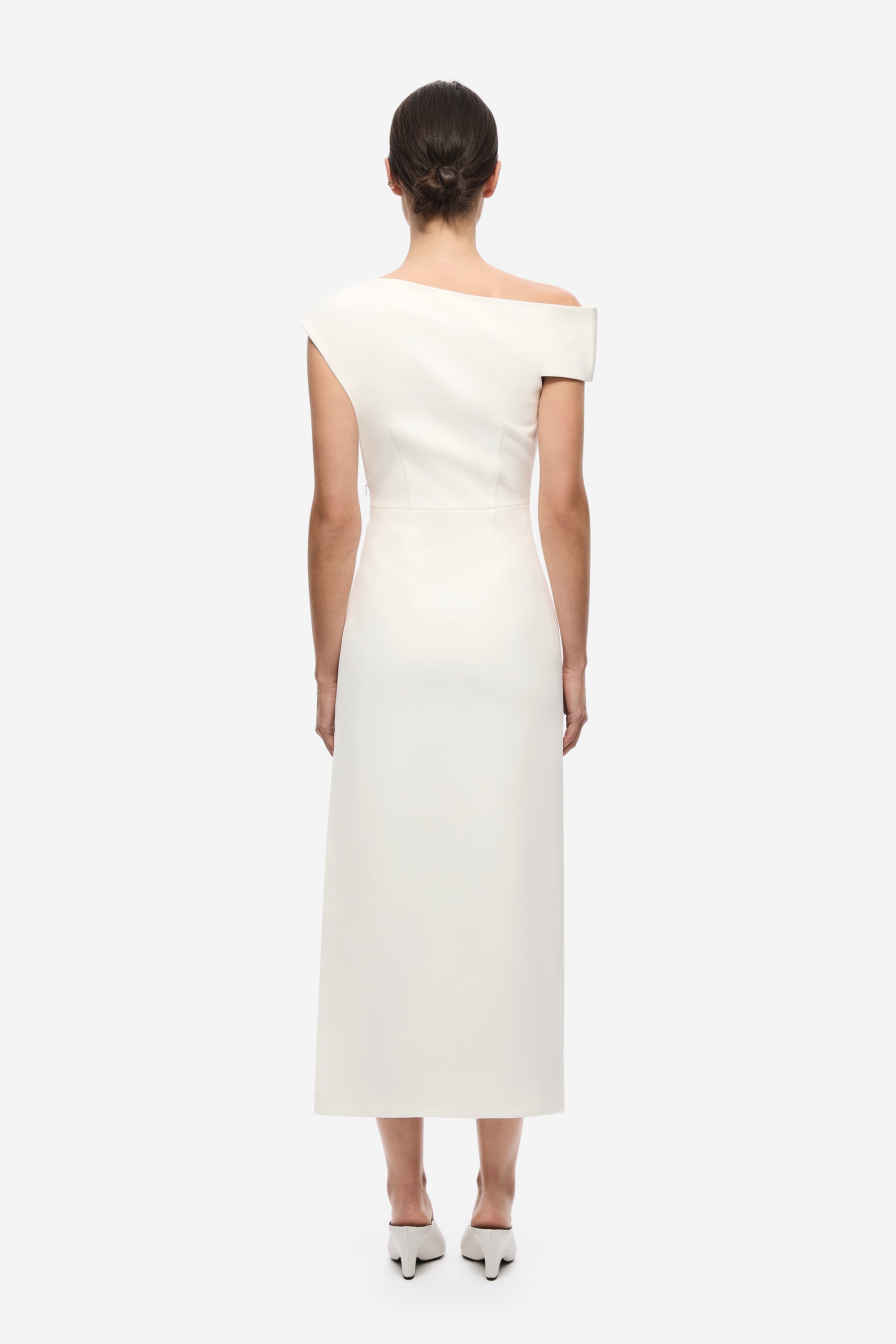 Ivory crepe midi dress with yoke back and center-back vent