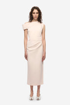 Soft pink crepe midi dress with short sleeves and pencil fit
