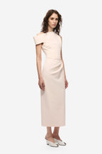 Soft pink crepe midi dress with short sleeves and fitted sheath silhouette