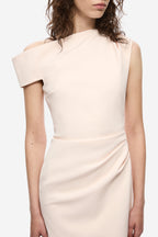 Soft pink crepe midi dress close-up of neckline and short sleeves