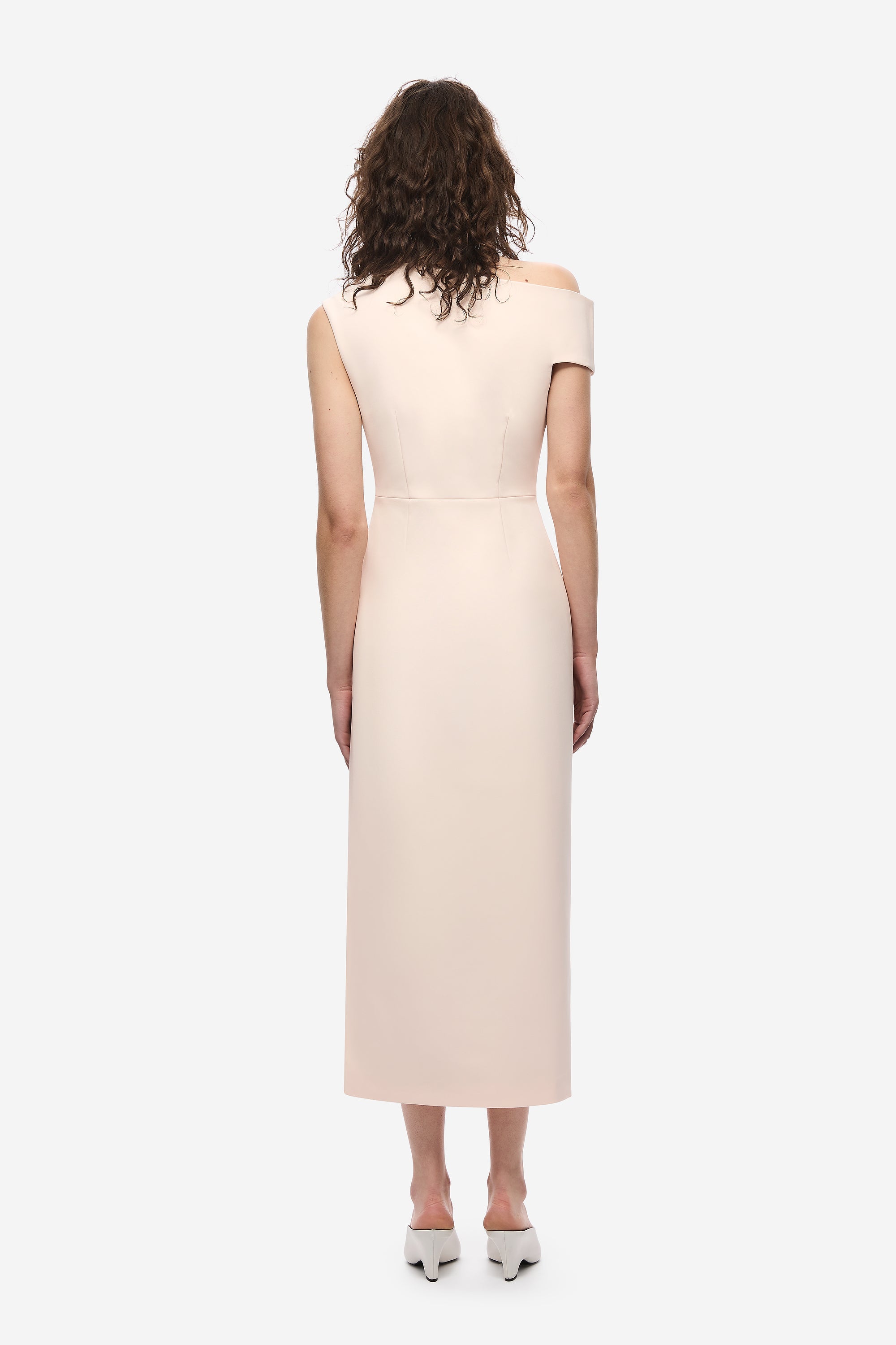 Soft pink crepe midi dress, back view with short sleeves and fitted waist