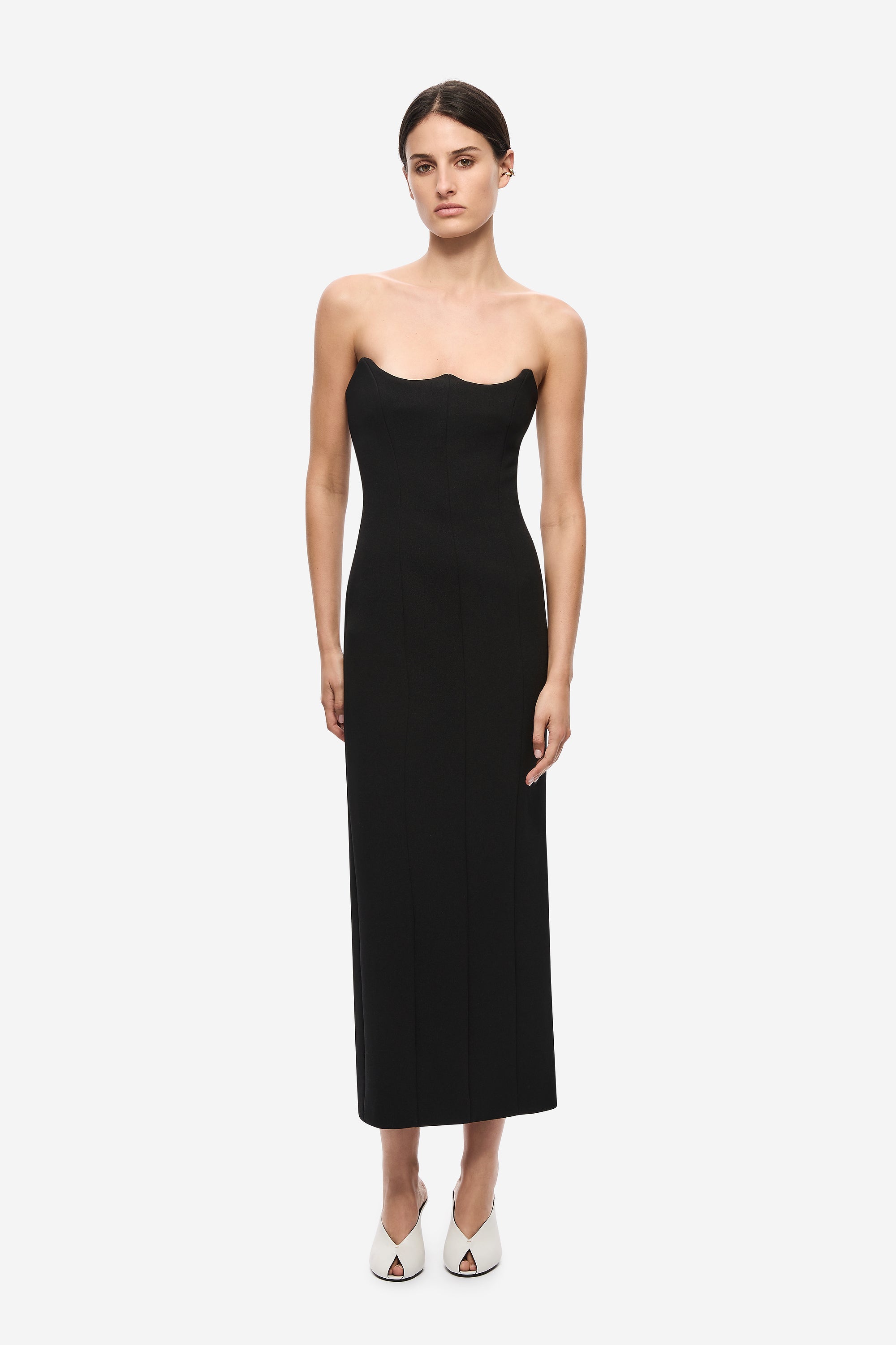 Black crepe midi dress with scalloped sweetheart neckline and thin straps