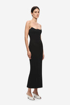 Black crepe midi dress with sweetheart bodice and open-back design