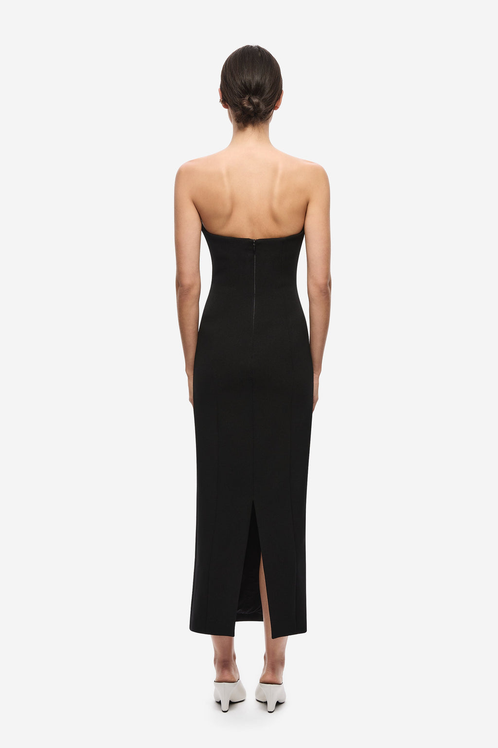 Black crepe midi dress open-back design with center seam and front slit
