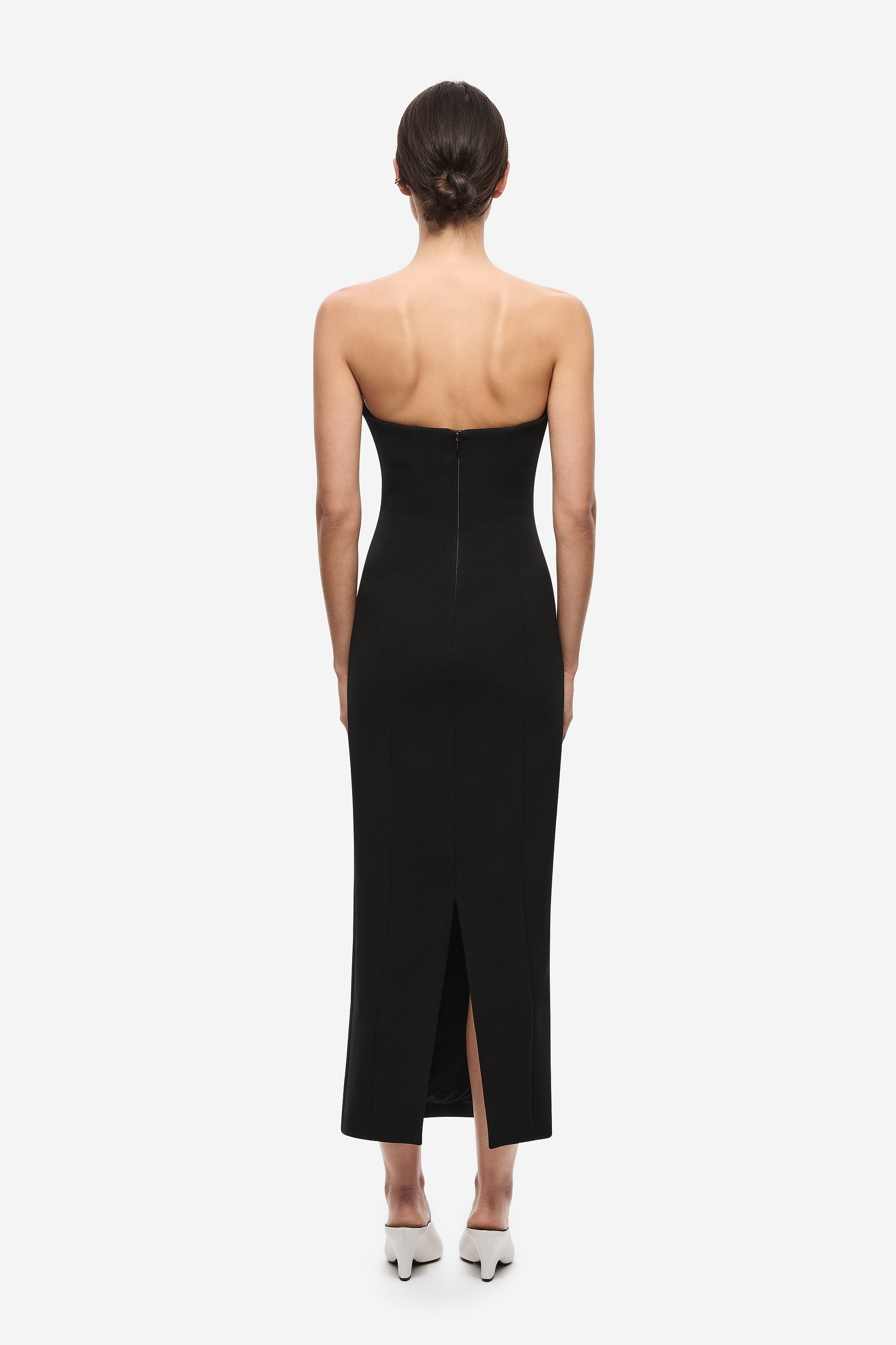 Black crepe midi dress open-back design with center seam and front slit