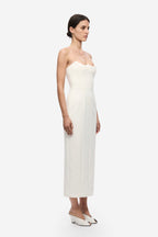 Ivory fitted strapless midi dress with straight skirt and soft sweetheart neckline