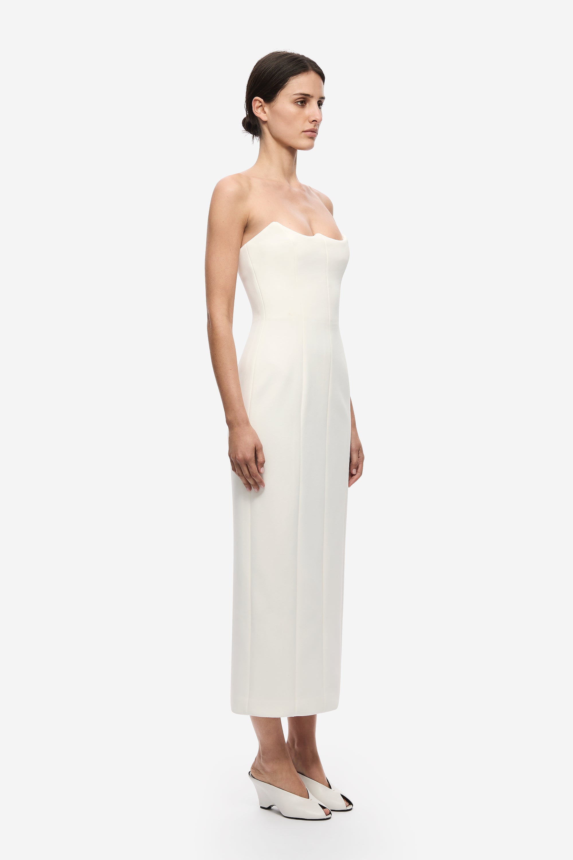 Ivory fitted strapless midi dress with straight skirt and soft sweetheart neckline