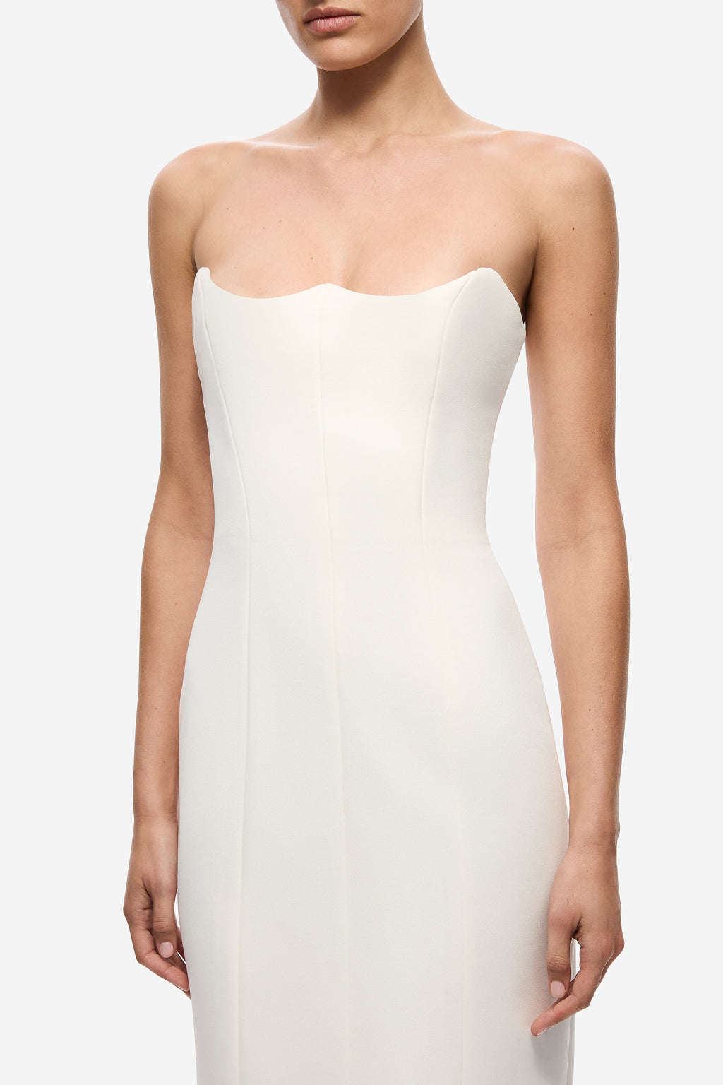 Ivory strapless corset-style bodice midi dress with sweetheart neckline detail