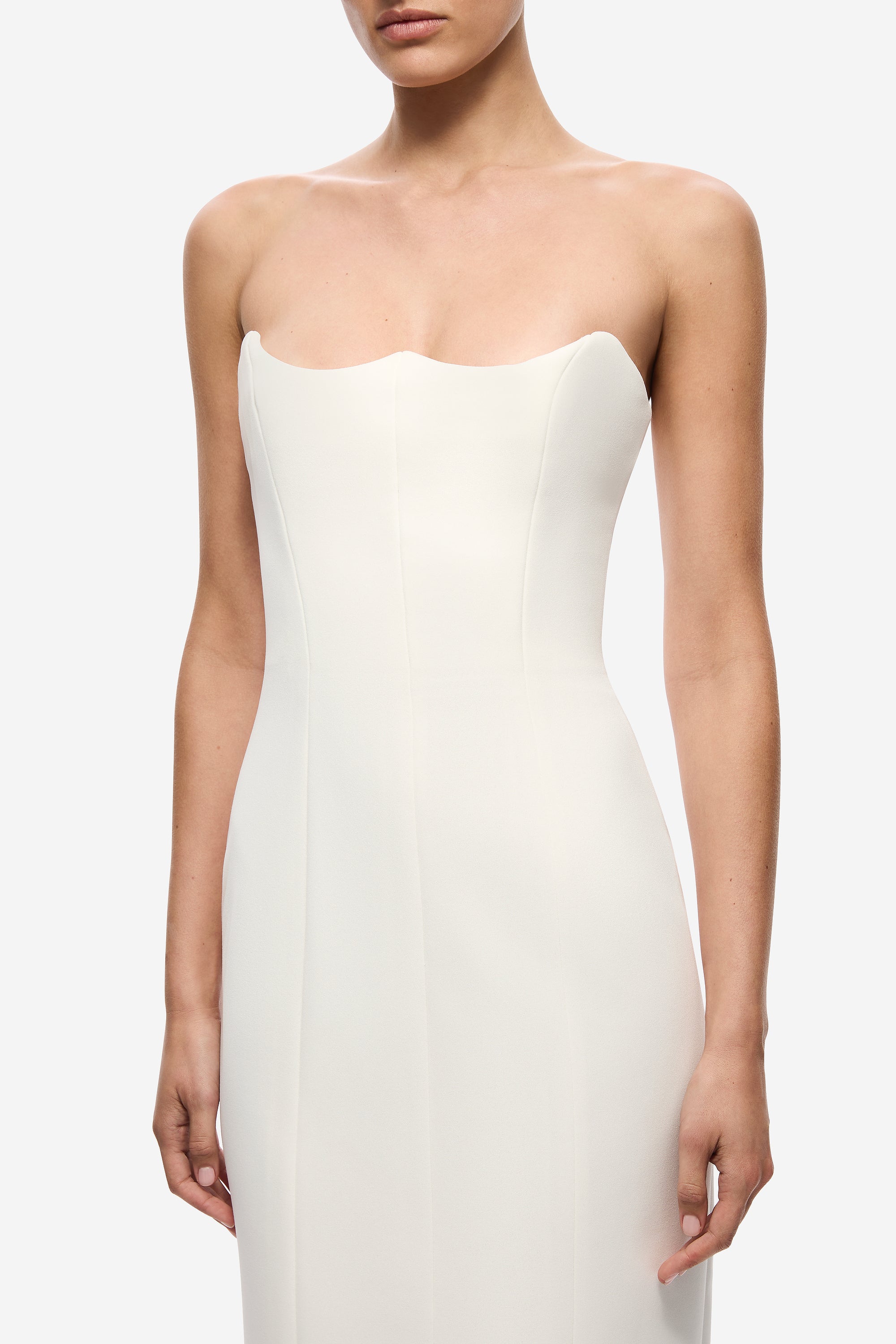 Ivory strapless corset-style bodice midi dress with sweetheart neckline detail