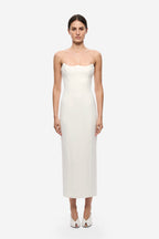 Ivory strapless midi dress with wide sweetheart bodice and smooth fitted skirt