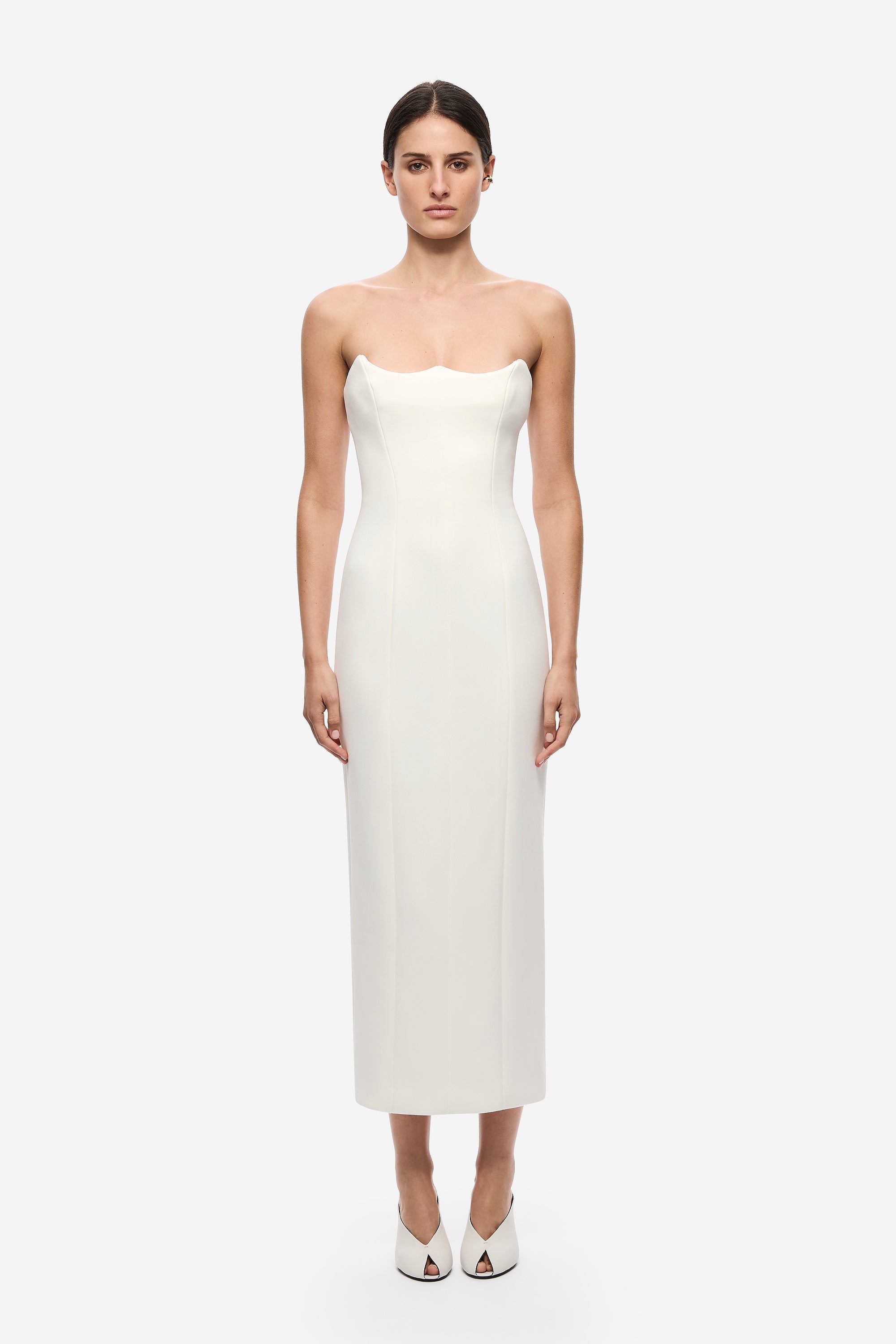 Ivory strapless midi dress with wide sweetheart bodice and smooth fitted skirt