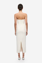 Ivory crepe midi dress, back view with center seam and back slit at hem