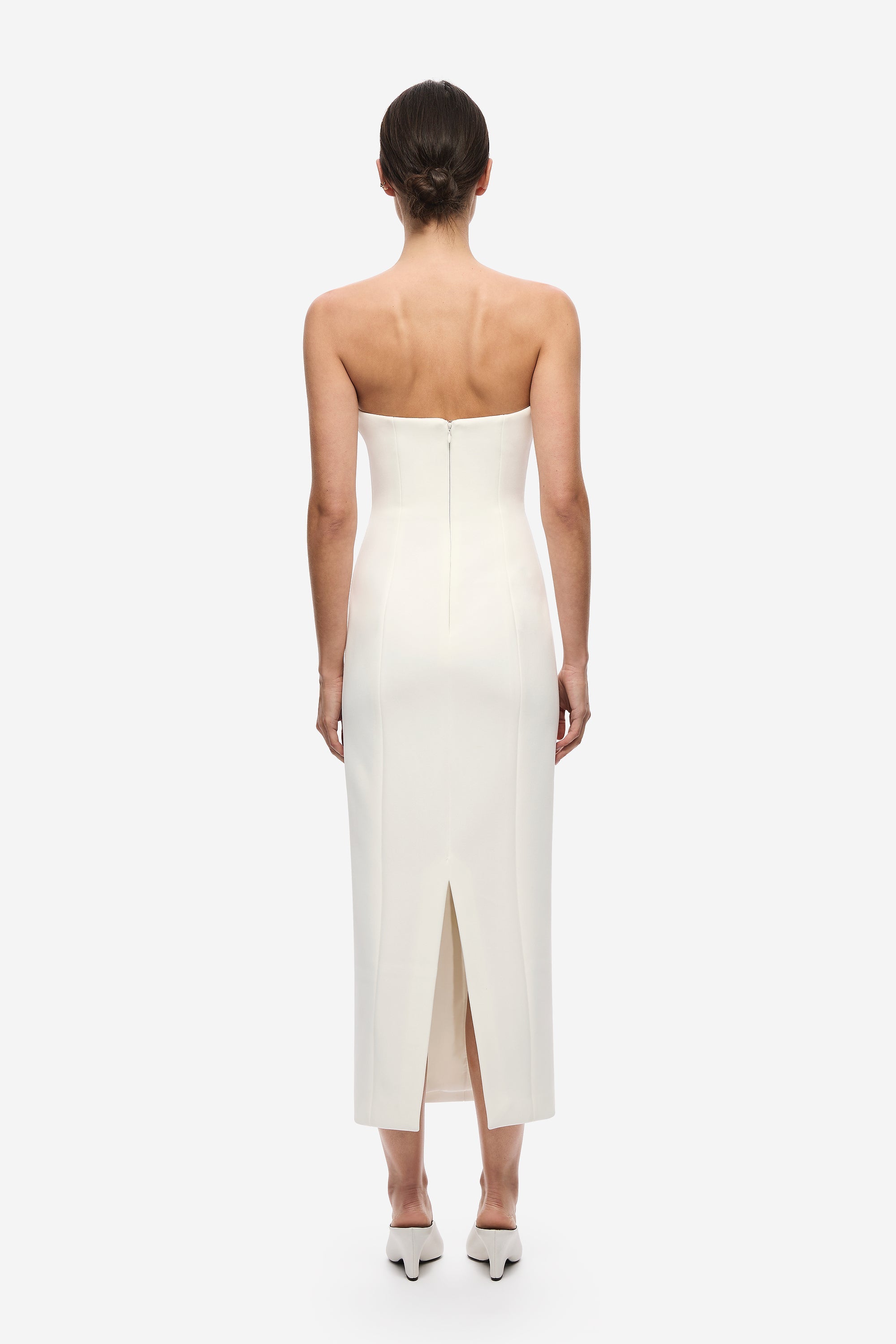 Ivory crepe midi dress, back view with center seam and back slit at hem
