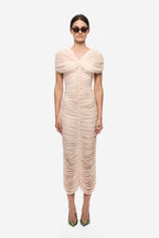 Soft pink ruched midi jersey dress with twist at bust and cap sleeves