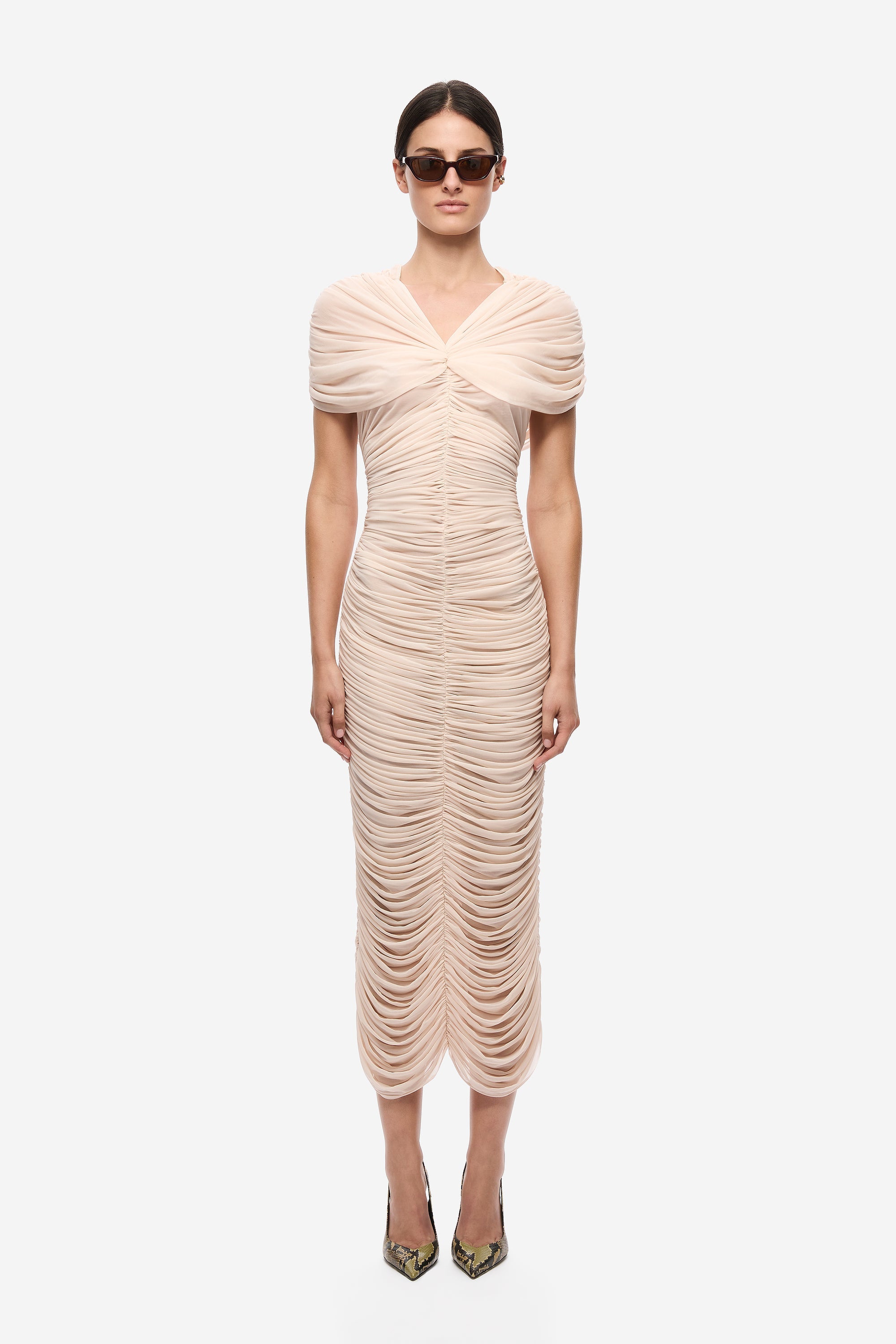 Soft pink ruched midi jersey dress with twist at bust and cap sleeves
