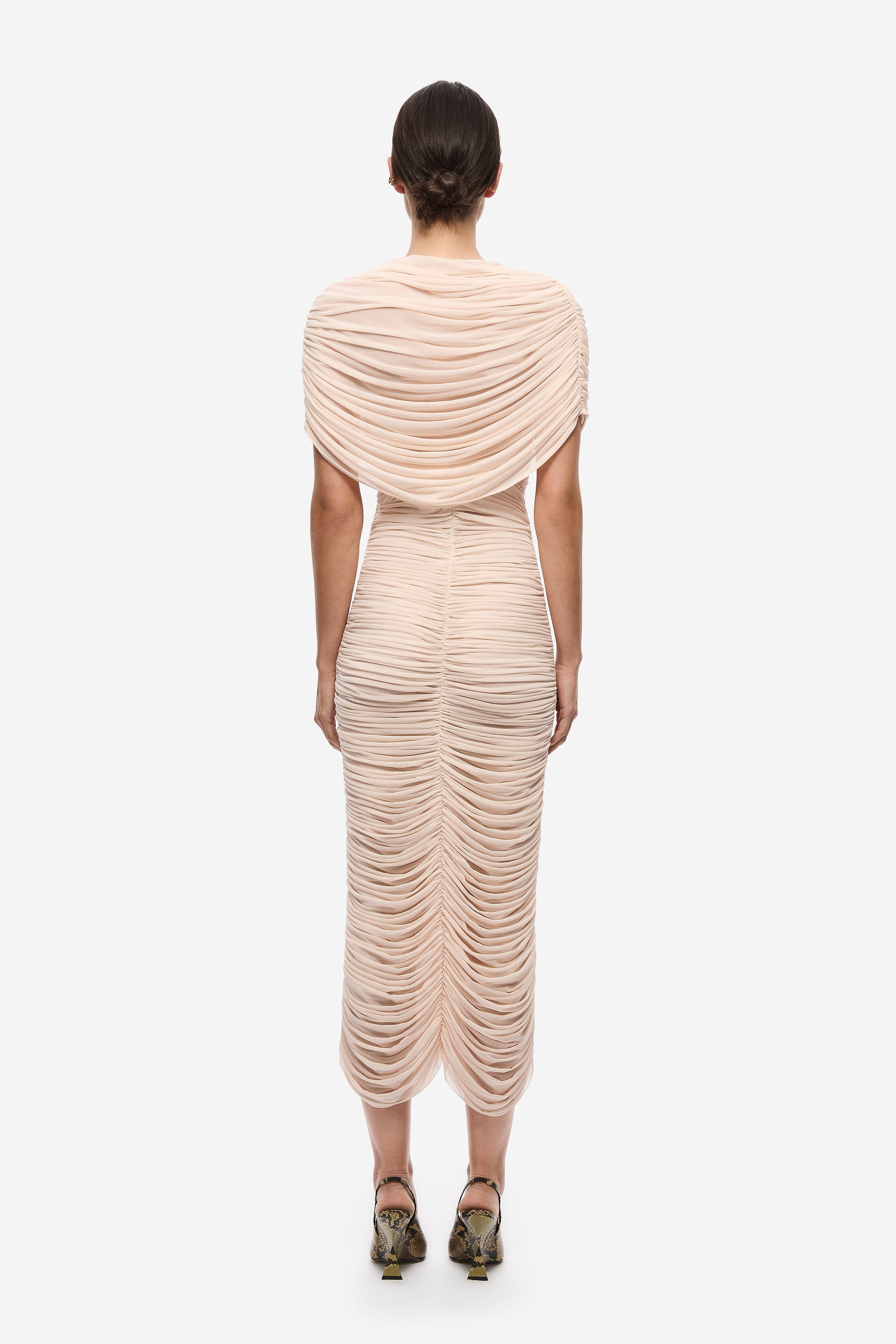 Soft pink ruched midi jersey dress with open back and draped gathered lines