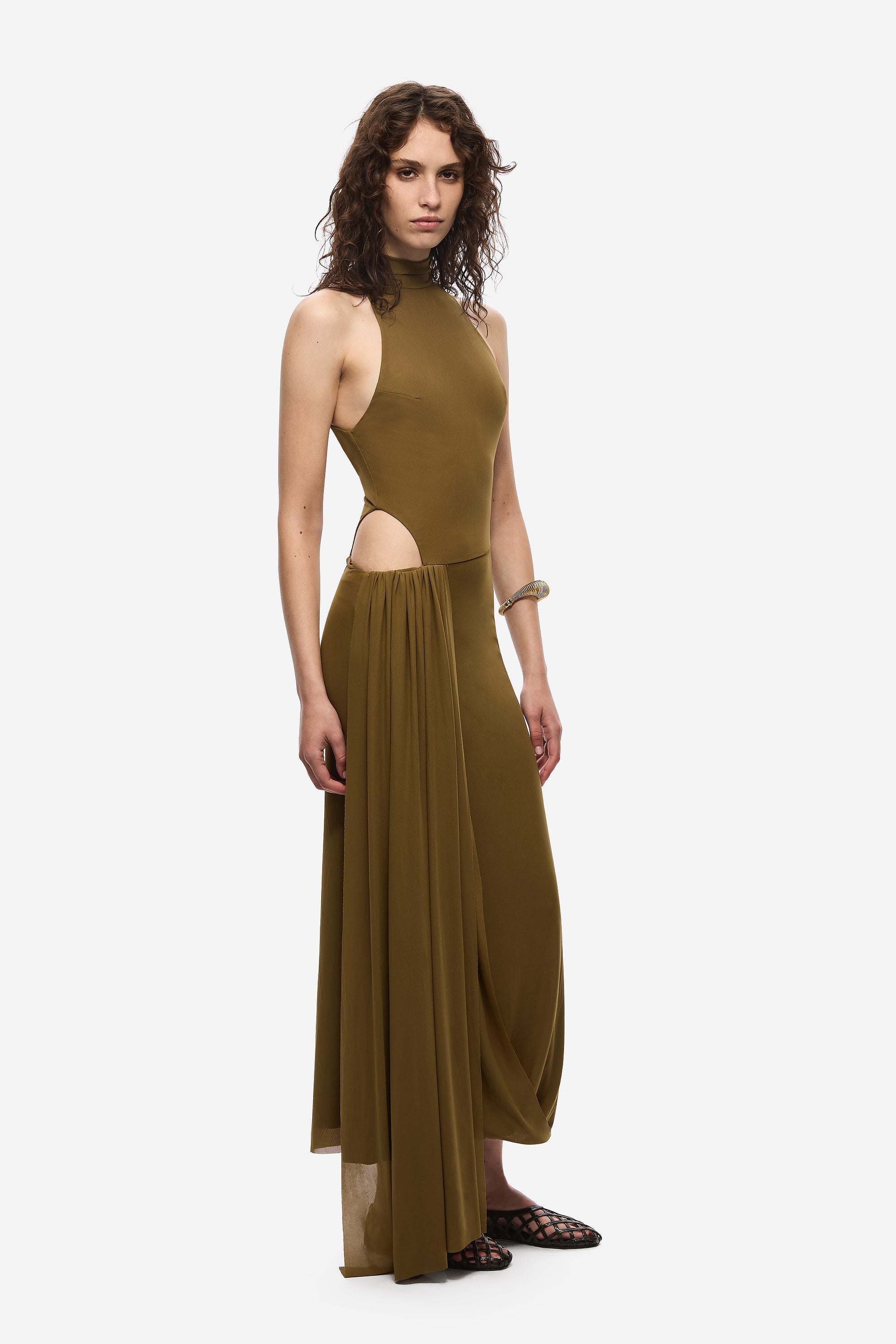 Olive sleeveless halter mesh dress with draped high waist skirt