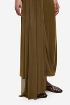 Olive mesh midi dress close-up of draped skirt panels and hem