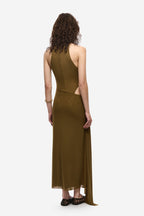 Olive sleeveless halter mesh dress back view with long column skirt