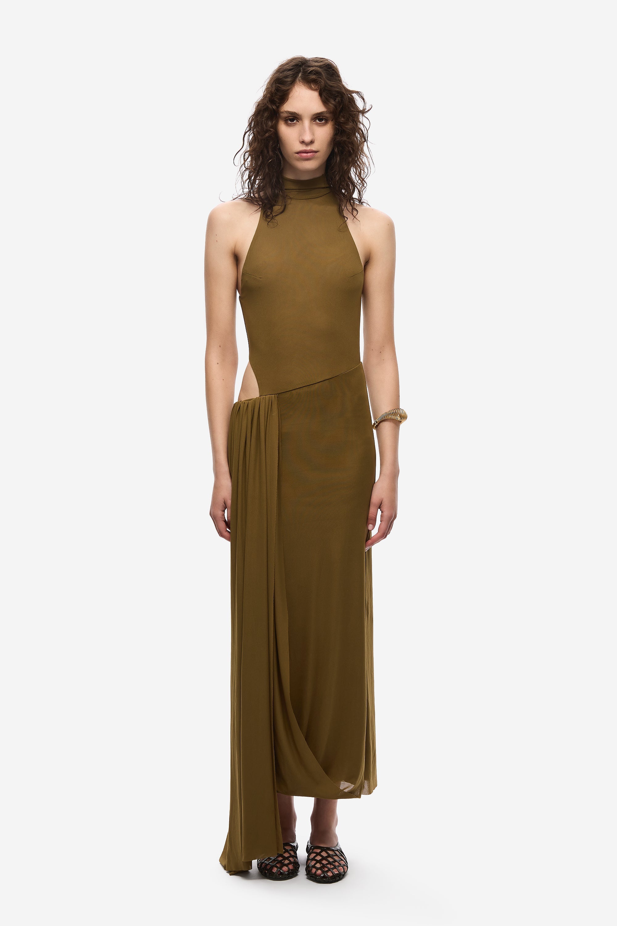 Olive halter mesh dress with draped skirt and sleeveless bodice