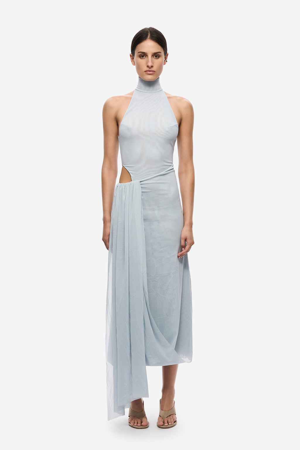 Sky blue mesh halter dress with mock neck, draped asymmetrical hem, side cutout