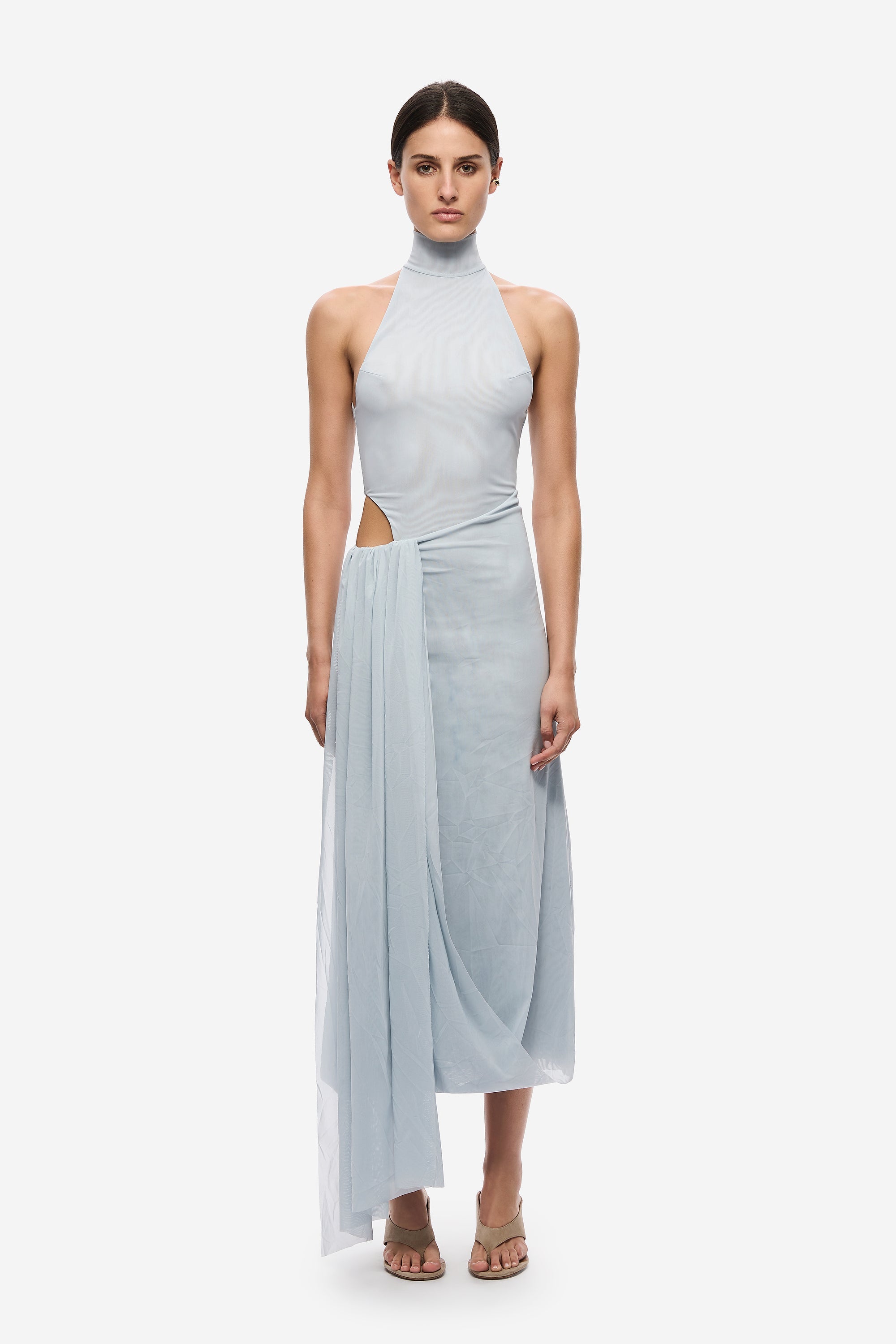 Sky blue mesh halter dress with mock neck, draped asymmetrical hem, side cutout