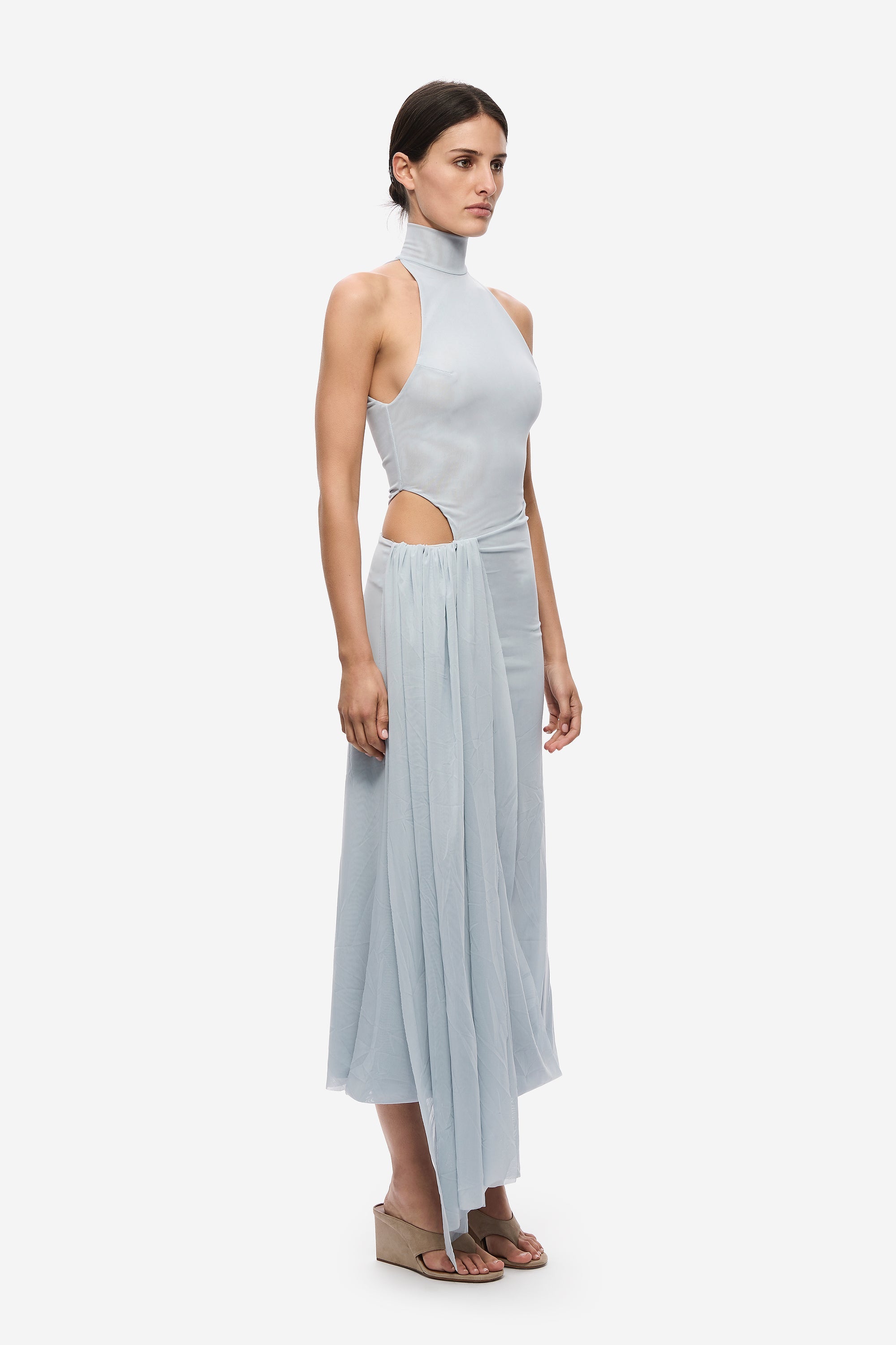 Sky blue mesh midi dress with mock neck and draped panels, side cutout detail