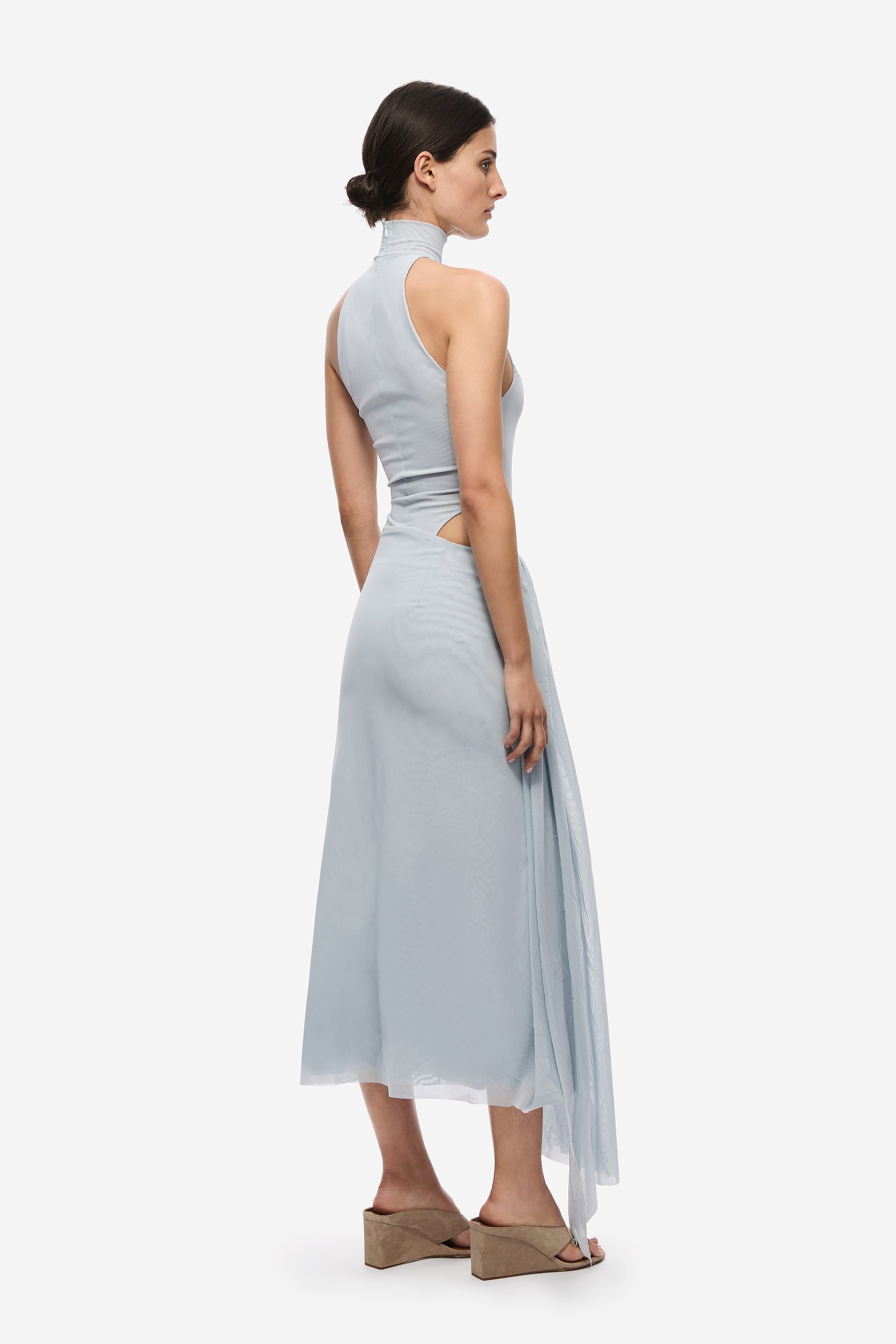 Sky blue mesh dress with high mock neck and draped back panel, asymmetrical hem