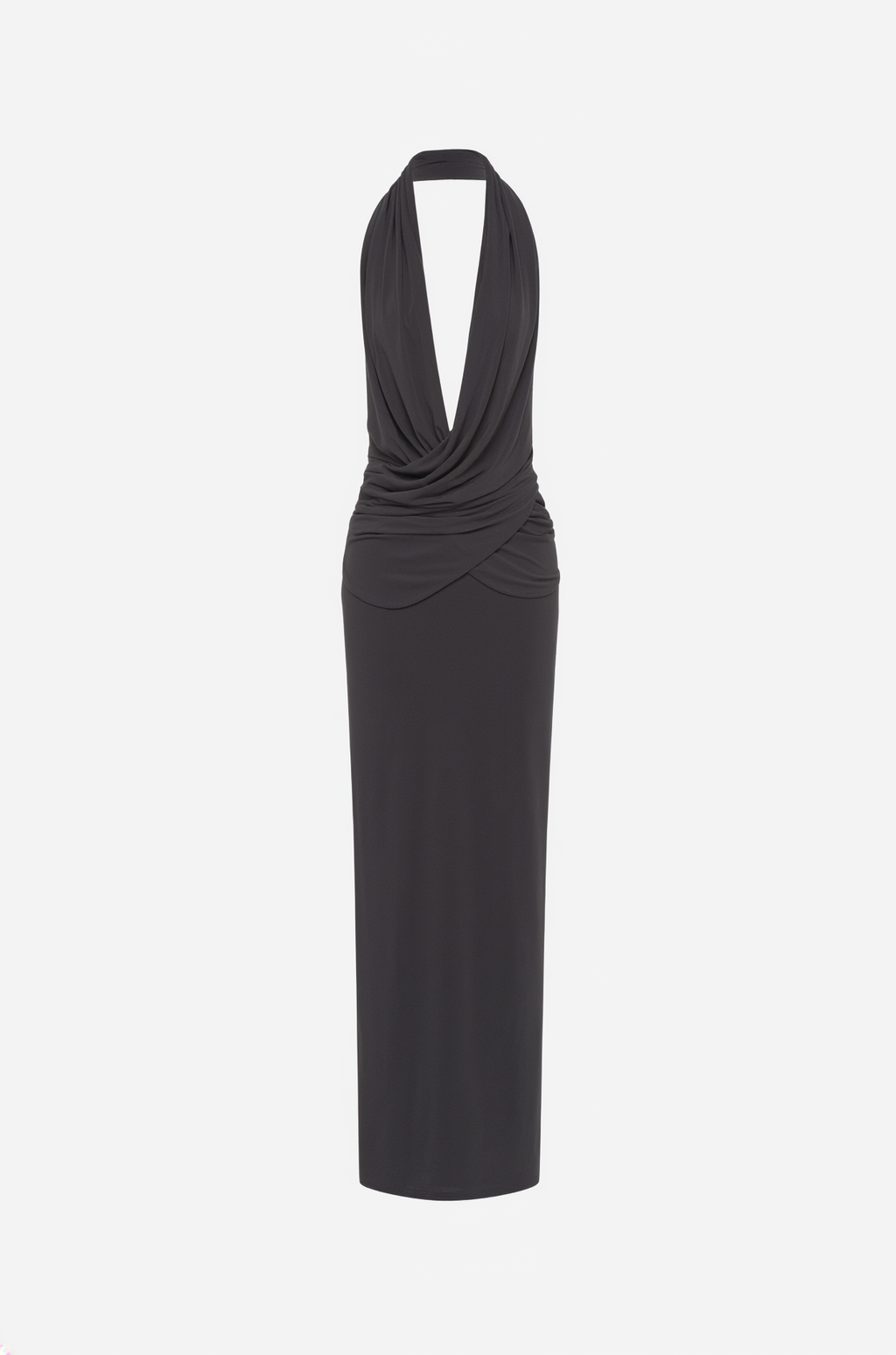 Black halter maxi dress with twisted drape and open back
