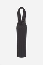 Black halter maxi dress with twisted drape and open back