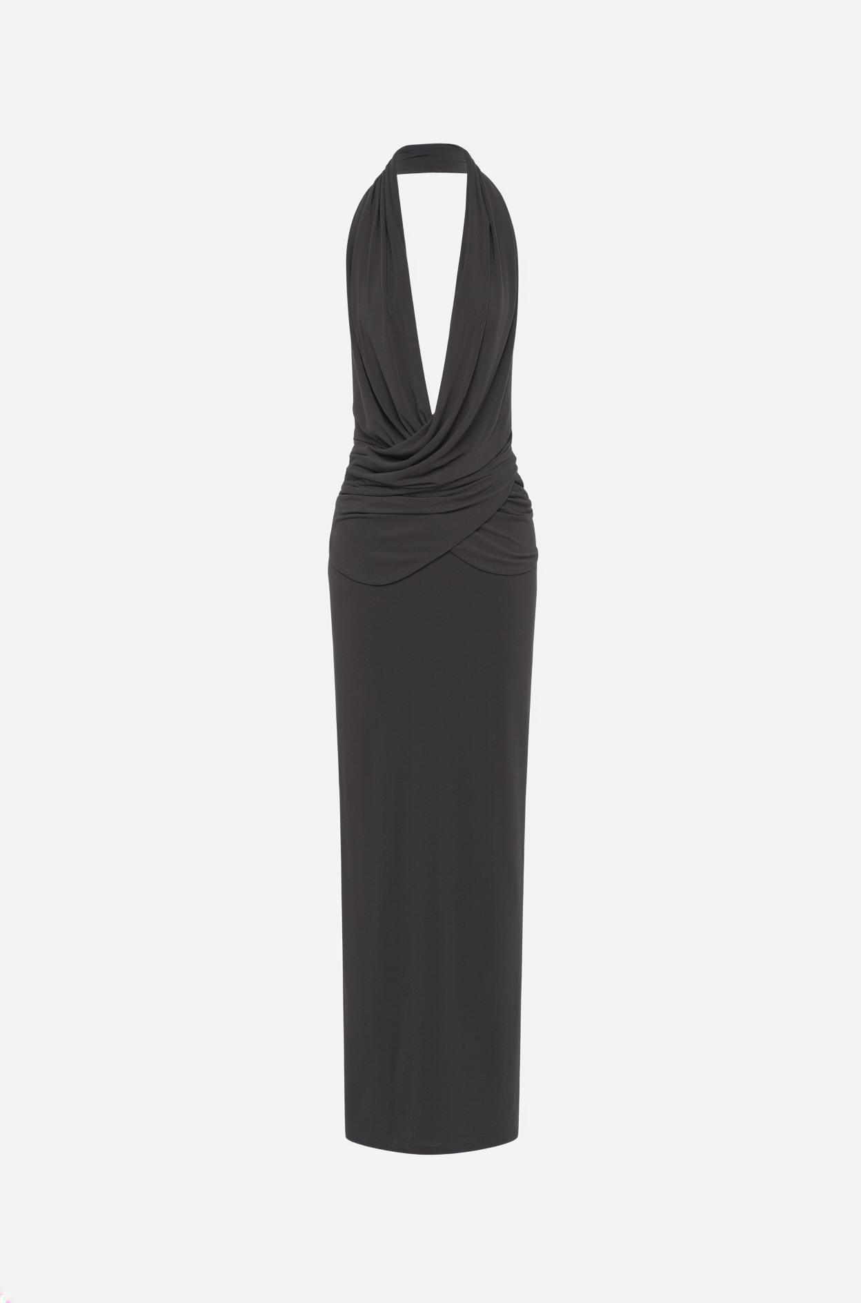 Black halter maxi dress with twisted drape and open back