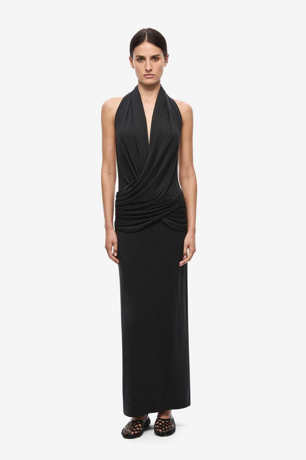 Black sleeveless halter cupro maxi dress with draped ruched waist
